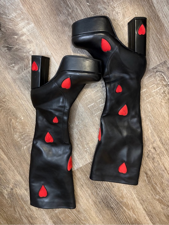 Shoes - Black Platform Knee-High Boots with Red Heart Accents